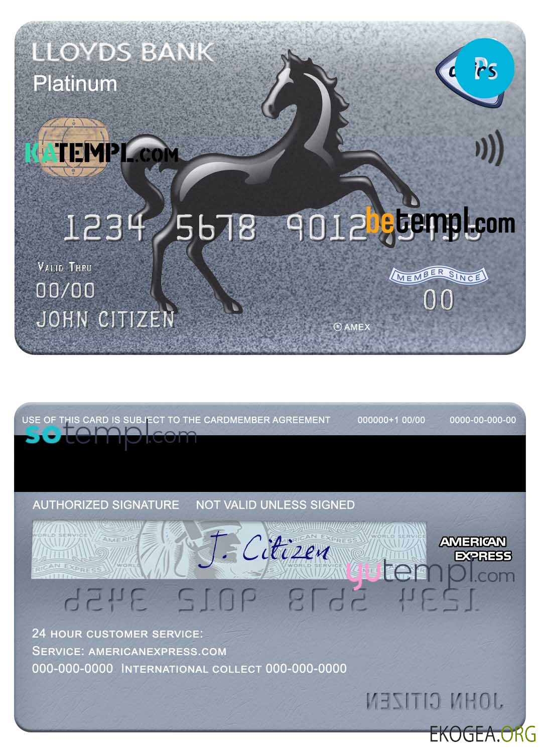 Modèle de carte de platine Lloyds American Express du Royaume Uni au format PSD, entièrement modifiable